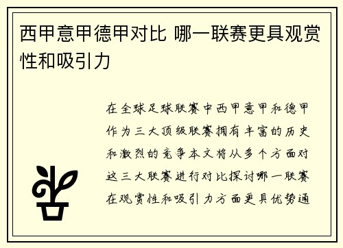 西甲意甲德甲对比 哪一联赛更具观赏性和吸引力